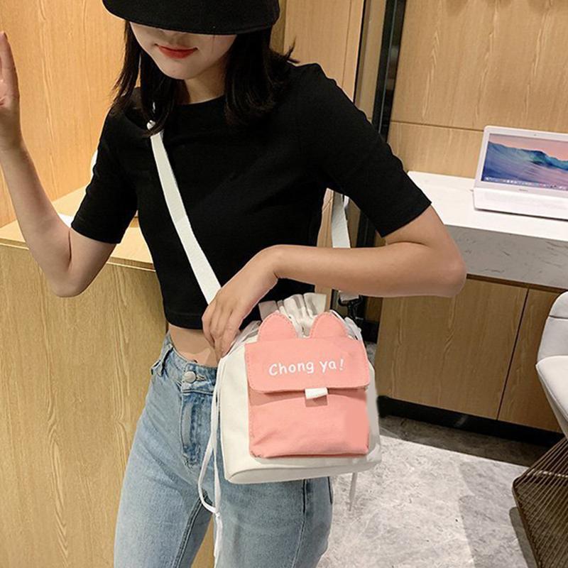 Cute Canvas Bag New Solid Color, Small Ear Crossbody Bag Women's Ins Style Large Capacity Crossbody Bag
