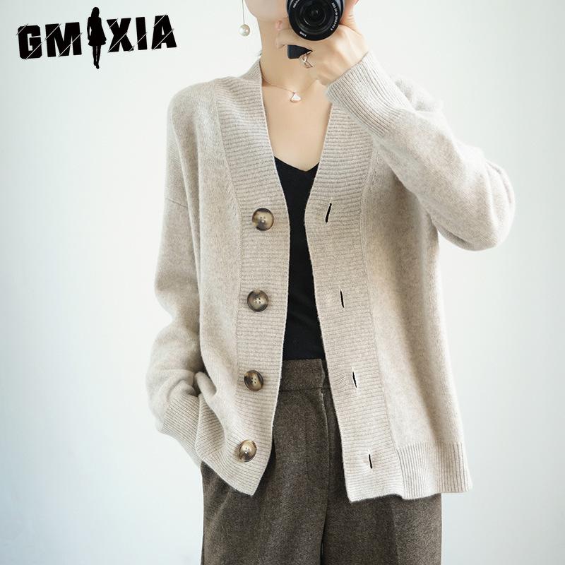 GMXIA Spring and Autumn Knitted Sweater, Loose Large-sized Cardigan, Women's Collar Knitted Sweater, Solid Color Button, Laid-back Coat