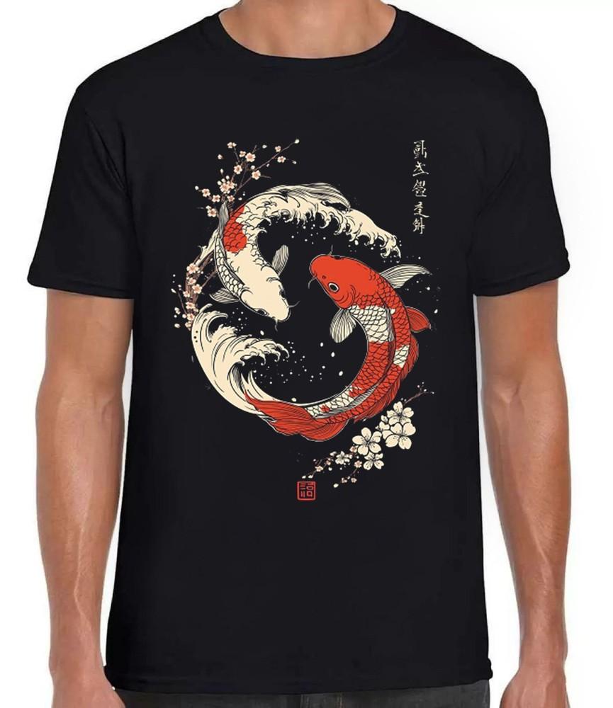 

Yin Yang The Great Wave Off Koi Fish Cherry Blossoms Gift Tee Black T Shirt 414 4XL
