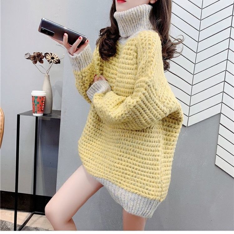 Pulover cu gât înalt pentru femei toamnă și iarnă largi purtând pulover occidentalizat coreean de lungime medie, top feminin