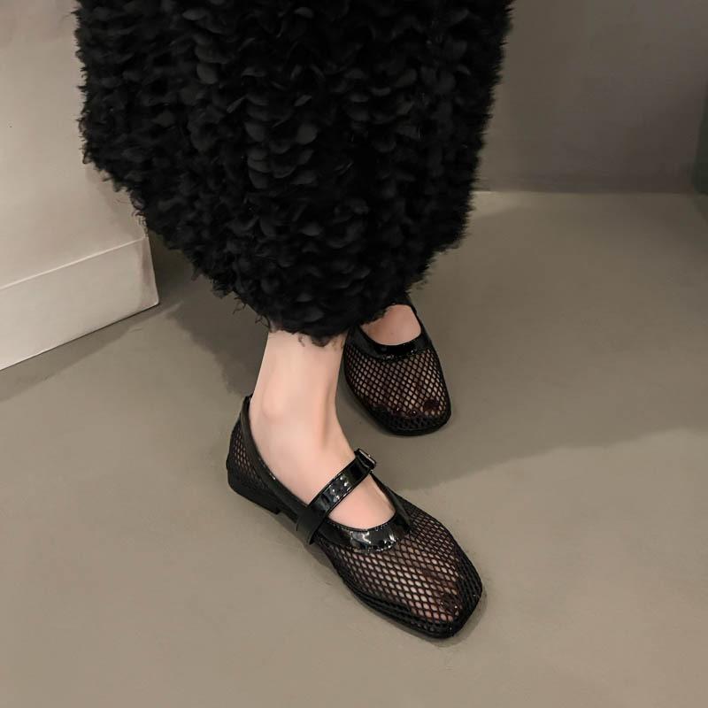 Fashion Summer New Flat Hollow Vintage Mary Women's Shoes Round Toe Shallow Mesh Breathable Versatile Fishnet Soft Sole Single Shoes