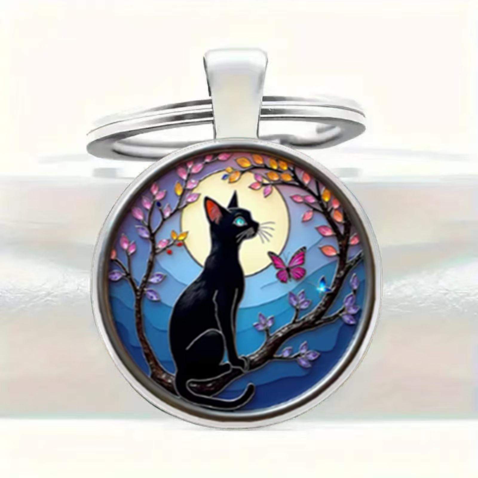 

Mysterious Blue-eyed Perched A Branch - Round Glass Keychain Pendant One Size