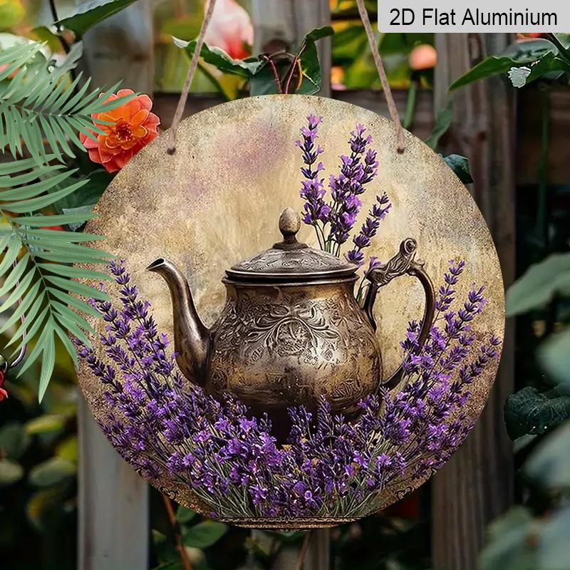 

2D Flat Aluminum Wall Art Featuring Lavender and A Teapot Rustic Country Style 7.87 Inches X 7.87 Inches Perfect for Gardens, Farmhouses, Cafes 1pc