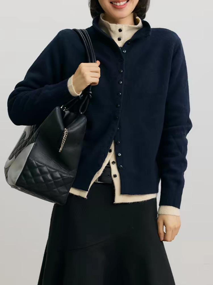 Women's Pure Wool Stand Collar Button-Up Cardigan - Loose Slim Fit Knit Base Layer Top with Long Sleeves for Autumn and Winter