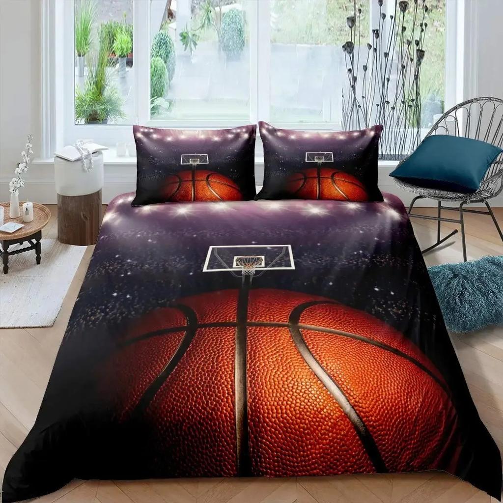 Boys Basketball Duvet Cover Set Black 3D Ball Sports Bedding Set For Boys Men Basketball Court Competitive Games Comforter Cover