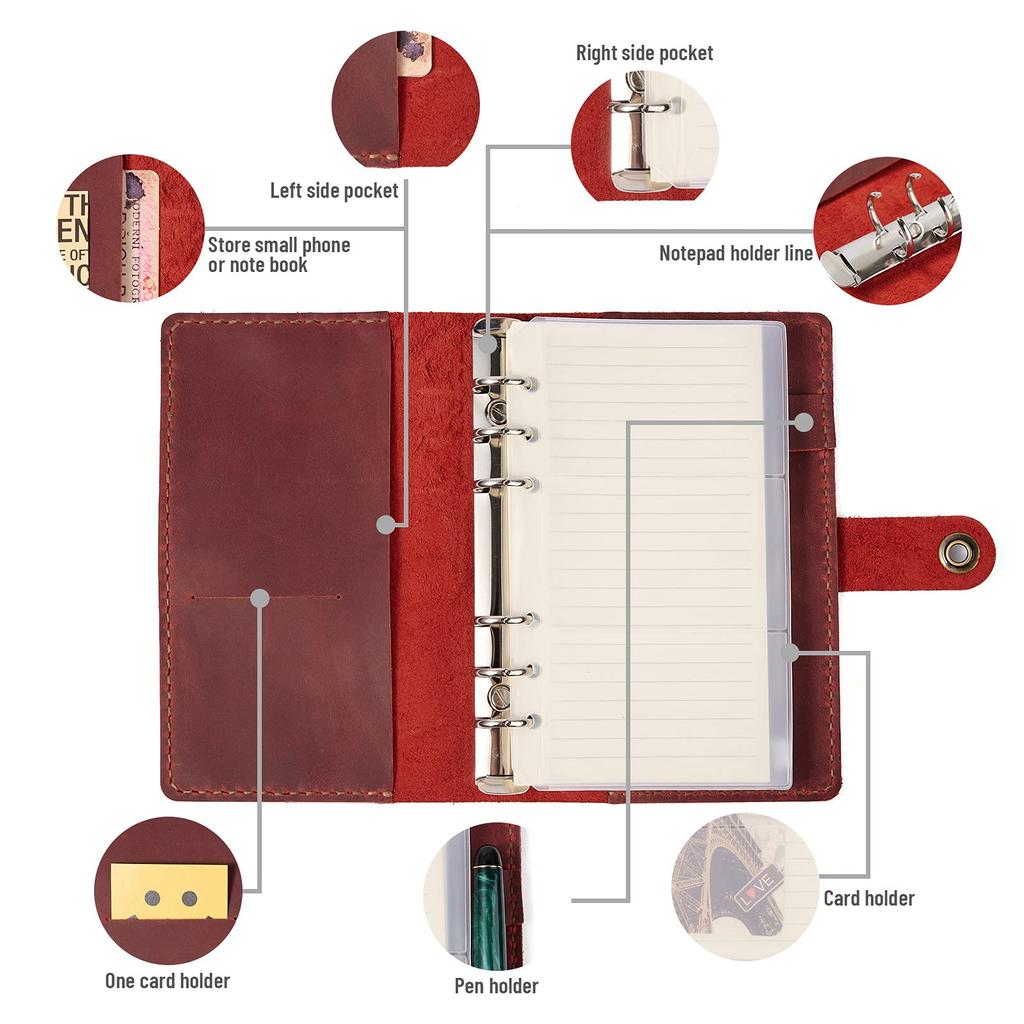 ROTERDON Systemnotatbok A6 Lær 2025 6 hull med påfyll Løsblad Standard omslag Lær Håndsøm Original 3 farger Notatbok Notatblokk Kort