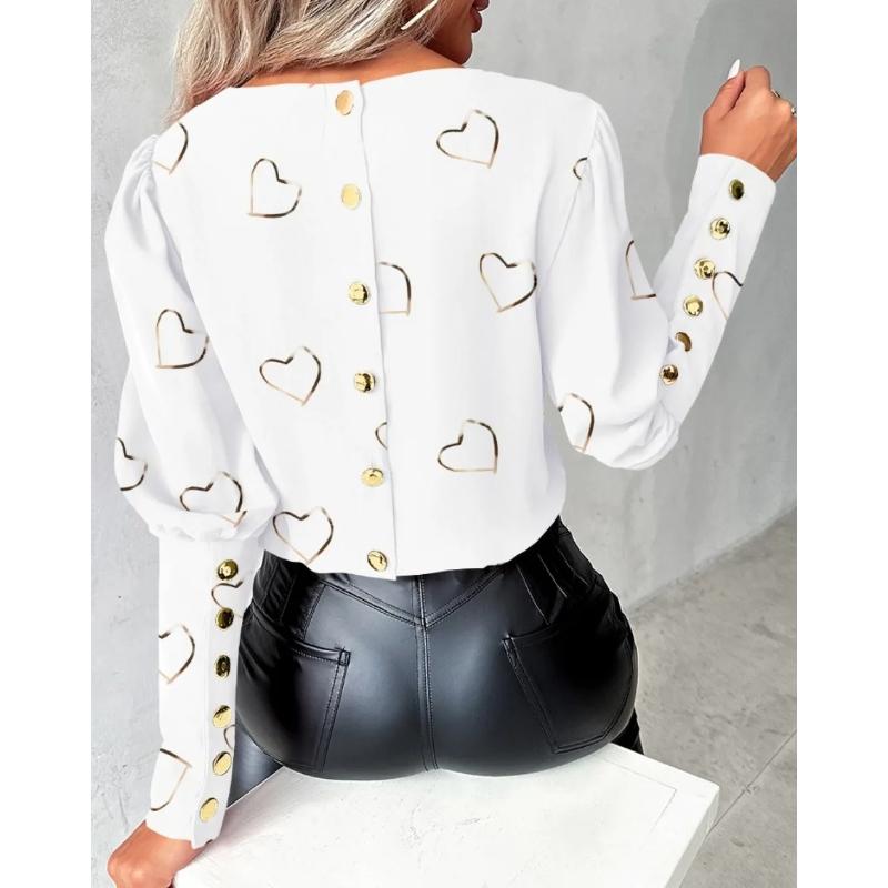 Autumn and Fashionable Printed Long Sleeved Love Style Round Neck Button Up Blouse Shirt for Women