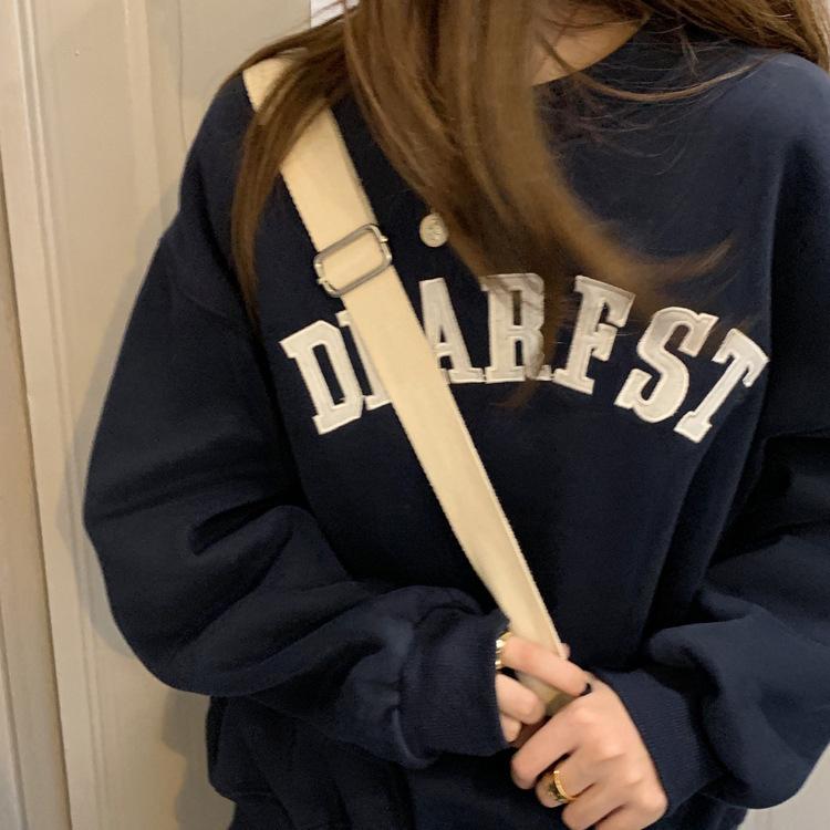Fleece Thickened Autumn and Winter Letter Printed Sweater Women's Loose Crew Neck Student Long Sleeve Jacket