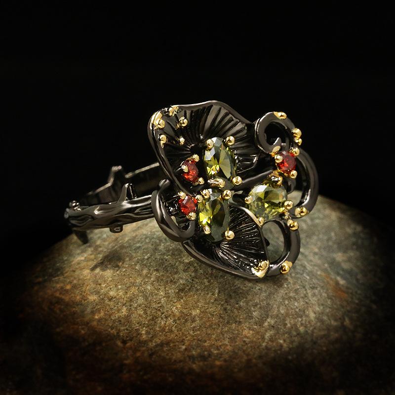 Carved Rings Retro Court Relief Orchid Black and Gold Hand Jewelry