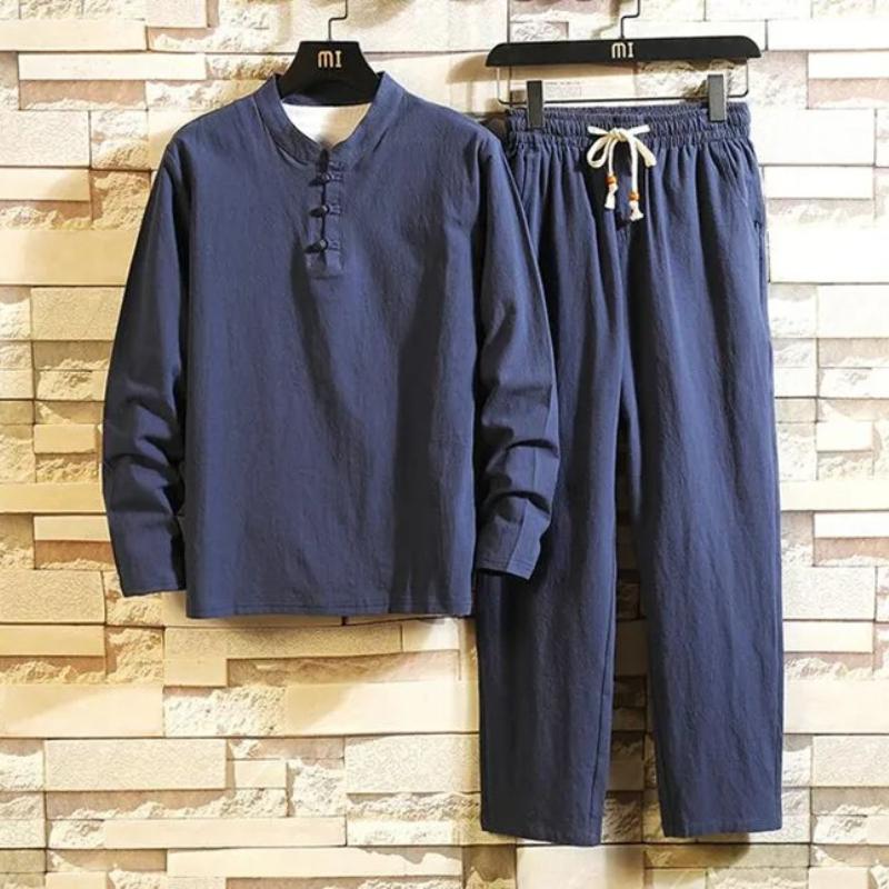 

Men s Linen Suit Spring Autumn Long Sleeve Trousers Loose Fit Cotton Linen Set for Middle-aged and Elderly Fathers 5XL темно-синього кольору