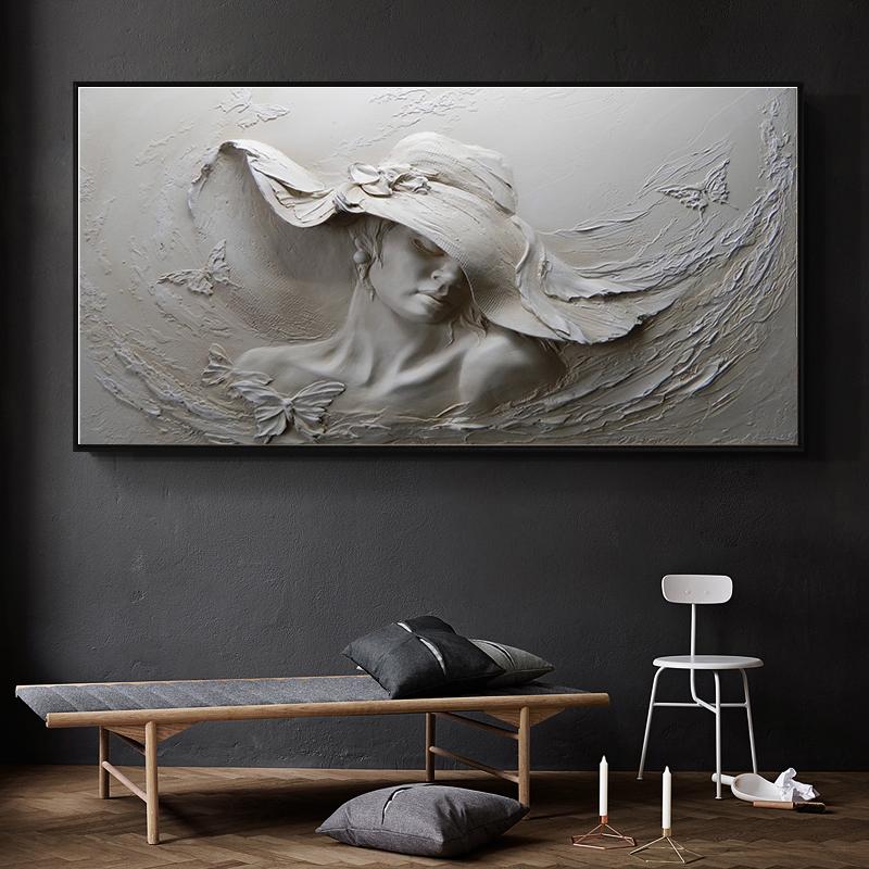 Abstract Pop Art Girl In The Hat Relief Canvas Painting on The Wall Wall Art Prints Pictures for Living Room Home Decor