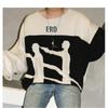 Street Style Knit Sweater Teens Loose Fit Long Sleeve Winter Warmth Printed Details