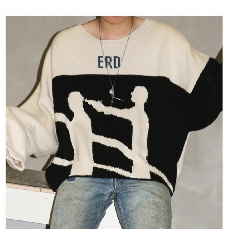 Street Style Knit Sweater Teens Loose Fit Long Sleeve Winter Warmth Printed Details