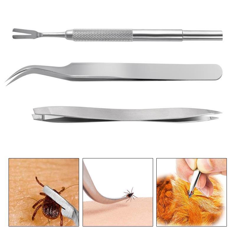 Stainless Steel Lice & Flea Pet Care Set: 3-Piece Tweezers, Comb, and Clip Tool for Dogs and Cats
