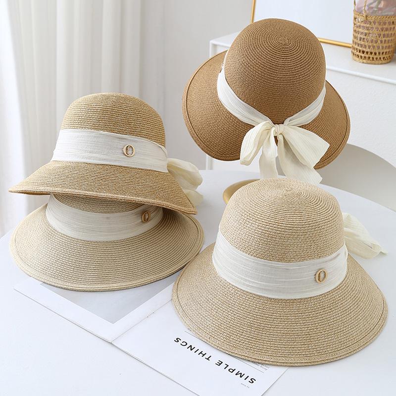 Elegant Webbing Big Eaves Sunshade Straw Hat Women's Summer Leisure Versatile Sunscreen Basin Hat Vacation Bucket Hat