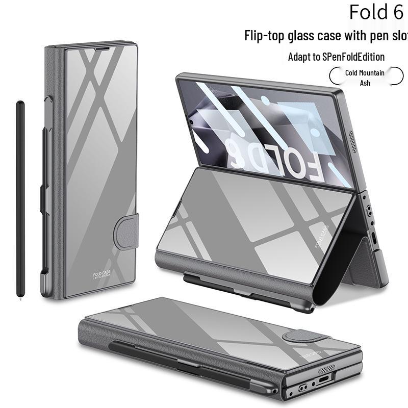 Samsung Z Fold 6 Leather Flip Case with Pen Slot and Glass Cover – Stylish and Business-Friendly.