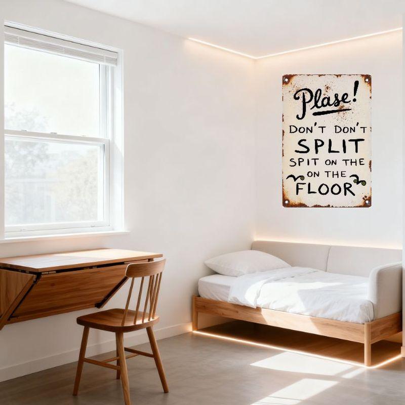 Vintage Rusty Metal Sign Handwritten 'Please! Don't SPLIT SPIT ON THE FLOOR' with Decorative Symbols for Home Bar Cafe Man Cave