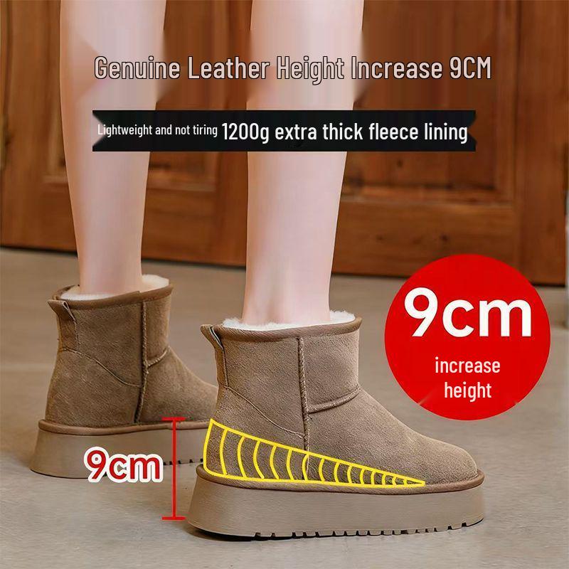 Women's Korean Style Thick Sole Hidden Heel Snow Boots: Genuine Leather, Fleece-Lined, Warm Ankle Boot for Versatile Winter Wear.