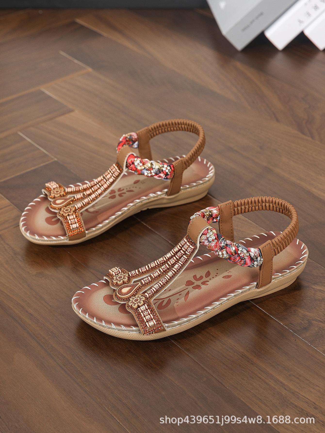 

Женская обувь в богемном этническом стиле, сандалии ручной работы на плоской подошве с бисером, плетеные со стразами, повседневная обувь, обувь больших размеров 41