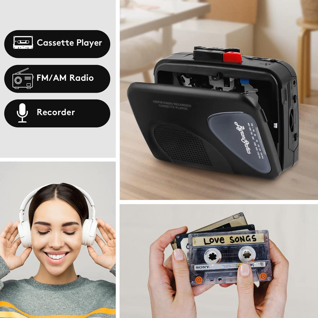ByronStatics Portable Cassette Tape External Manual VAS 2 AA USB Powered Headphones Player, Recorder, FM/AM Radio, Walkman, Player, Built-in