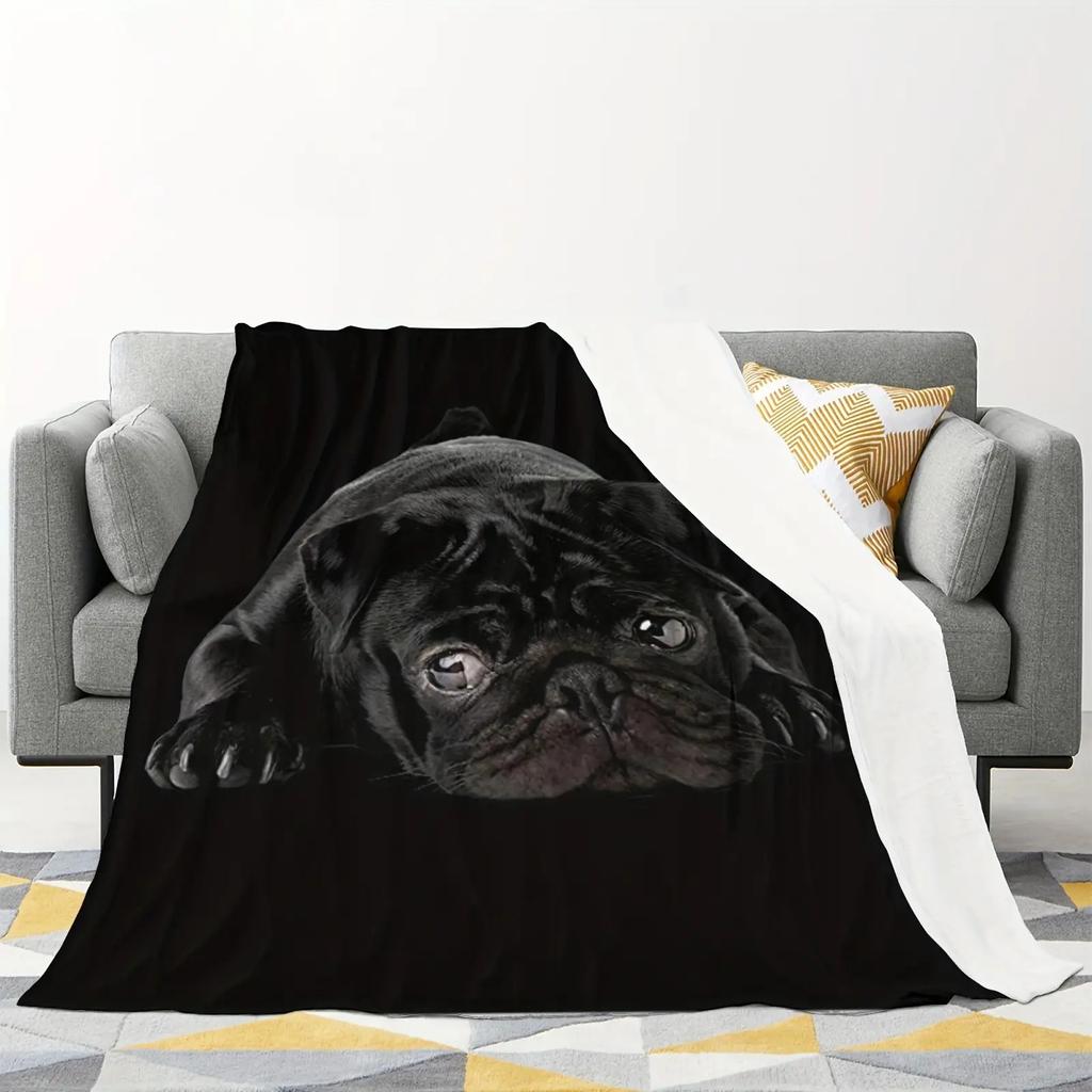 A cute black pug dog Flannel printed blanket suitable for all seasons suitable for living room office sofa and travel 180x250CM