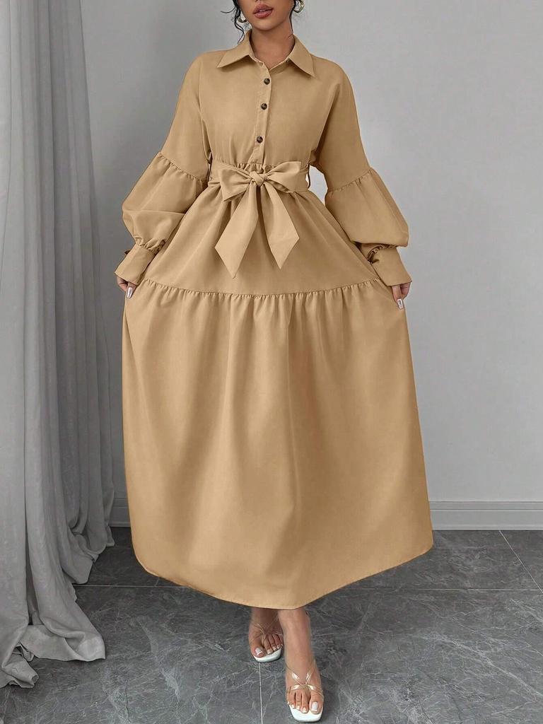 European & American Women's Lace-Up Puff Sleeve Dress