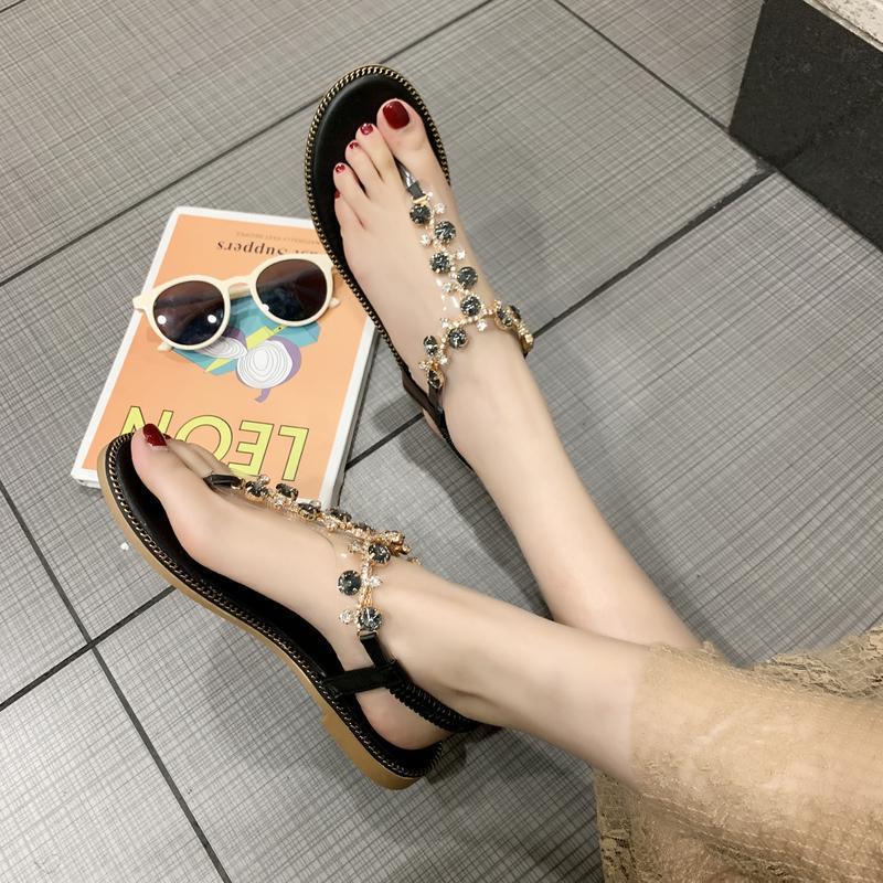 Zehensandalen Damen 2025 neu Sommer vielseitig Koreanische Version flache Zehensandalen Damenmode strahlende Diamanten Strandschuhe Damen