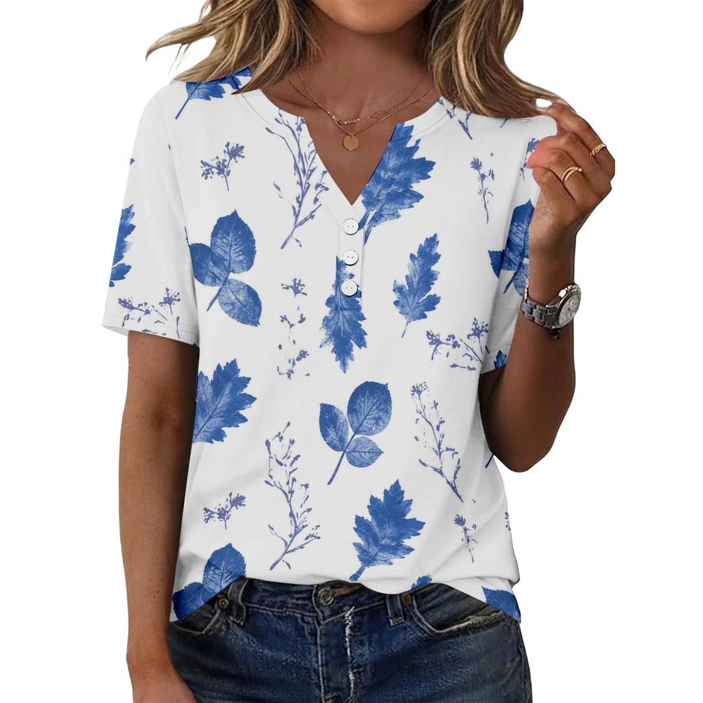 Women's Casual Floral Print V-Neck Short Sleeve Button T-Shirt