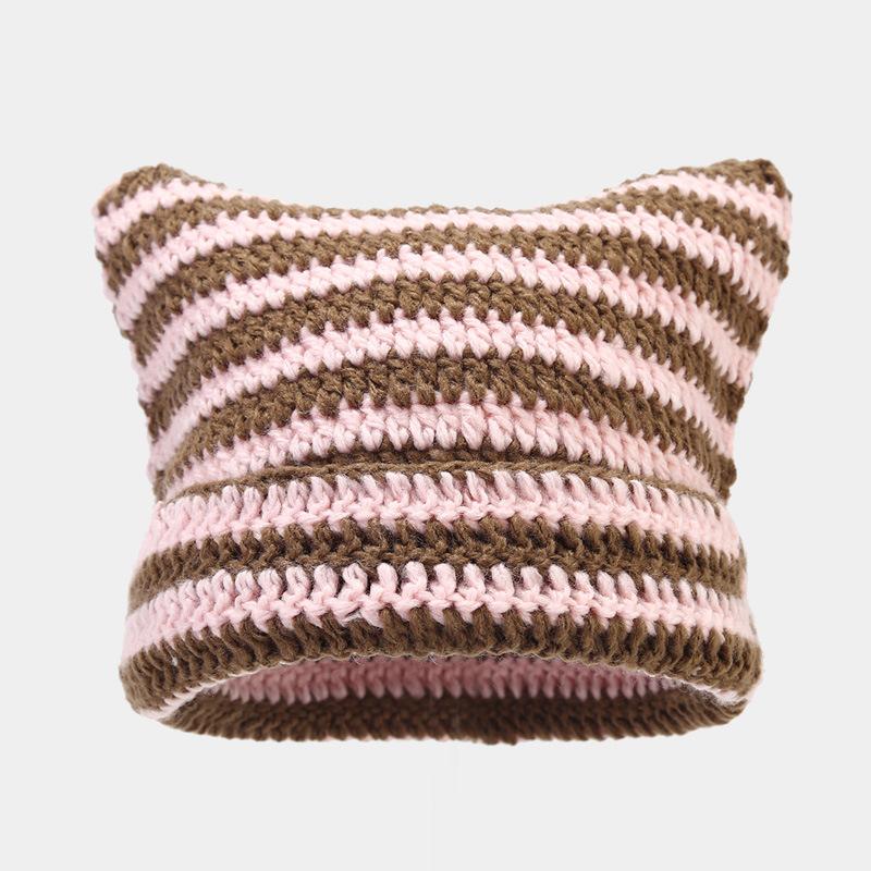 Jacquard Custom Label Patch Embroidery logo Winter Warm Cat Ear Stripe Knit Beanie Hat With Ear