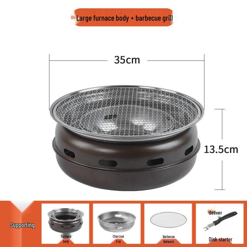 Round Stainless Steel Charcoal Grill for Home and Commercial Use - Japanese Yakiniku Style, Enclosed Design for Tea Boiling