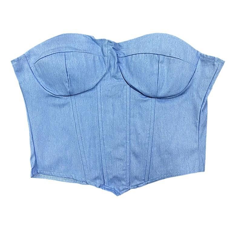 European and American style women's imitation denim vest, new chest wrap, backless strap, waist, solid color fishbone top women