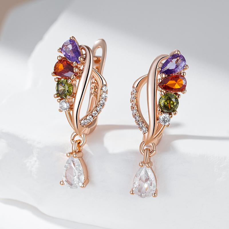 Shiny Colorful Natural Zircon Drop Earrings For Women Fashion  Rose Gold Color Accessories Daily Vintage Jewelry