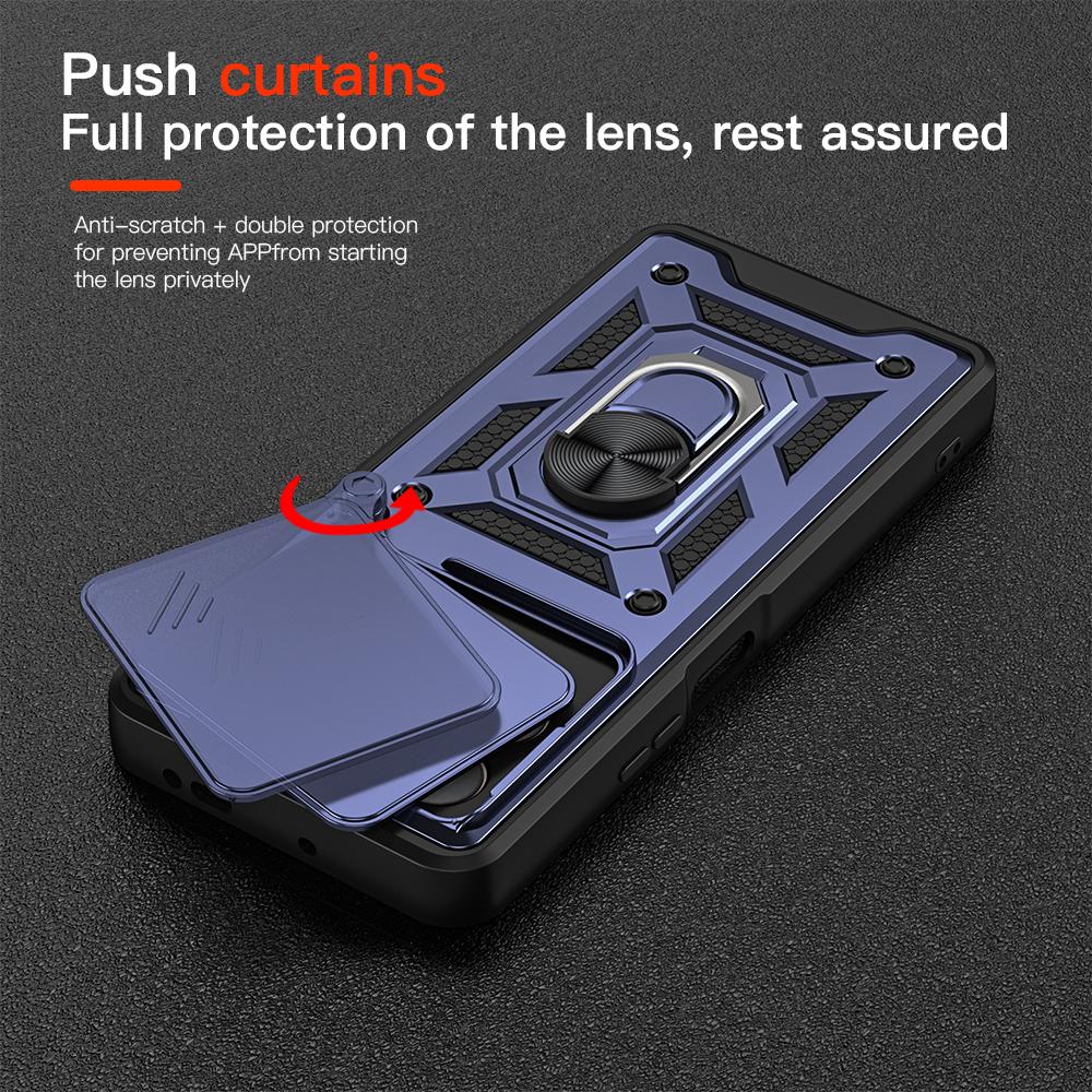 KEYSION Shockproof Armor Case for TECNO POVA 7 4G Slide Camera Lens Protection Metal Ring Stand Phone Back Cover for TECNO Pova7