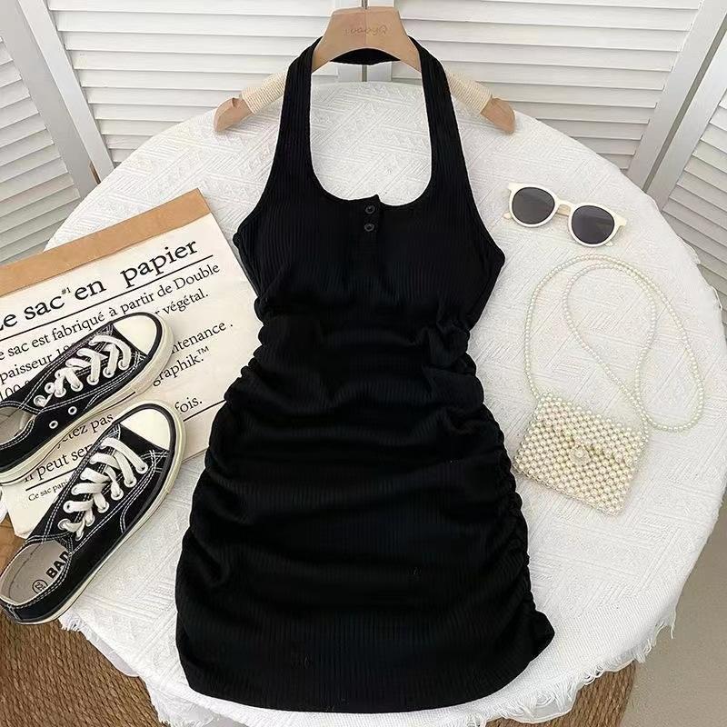 Sexy Spice Girl Fashion Neck Dress with Chest Pad Women's Summer New Slim Folds Buttocks Sleeveless Short Skirt