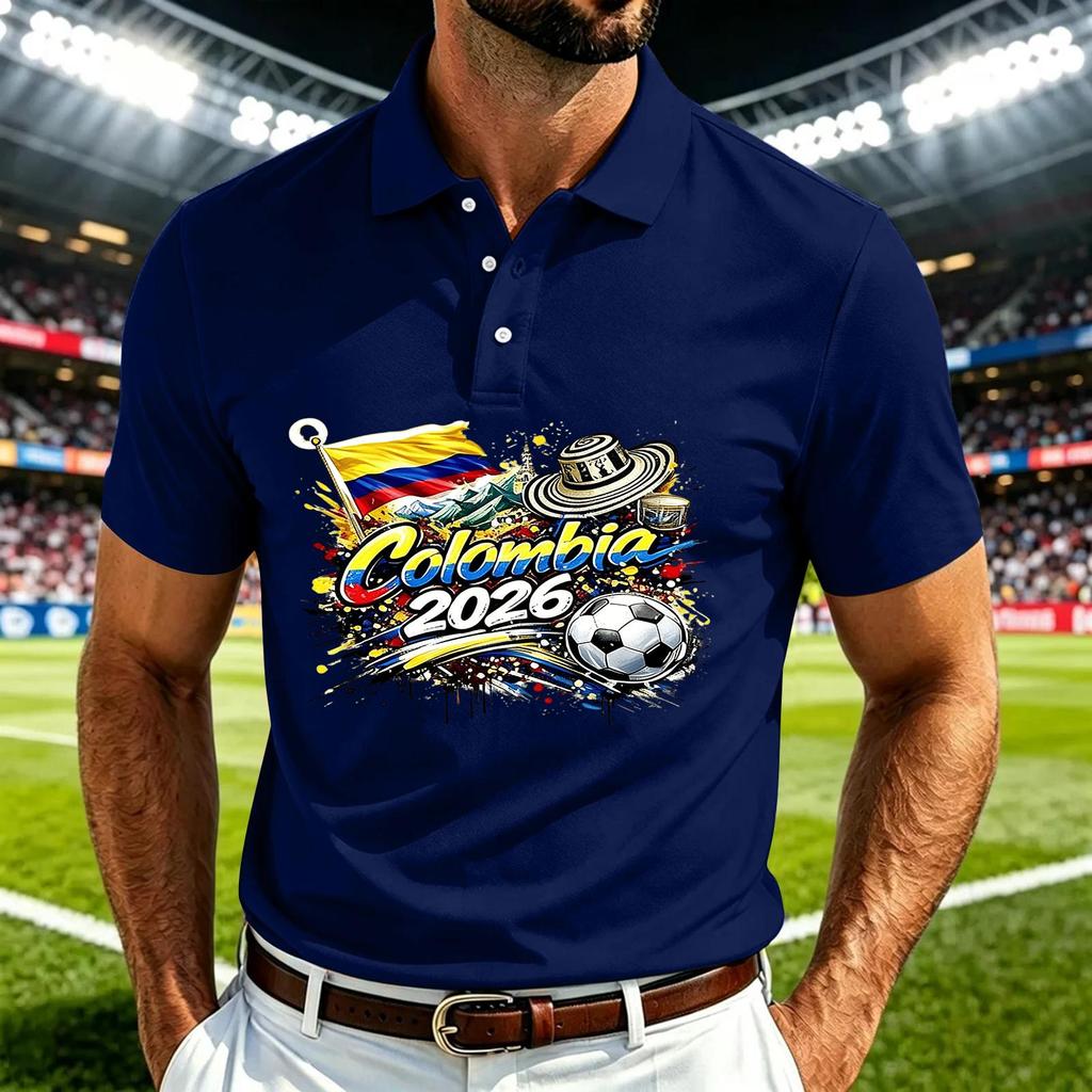 Men's Casual Polo Shirt Quick Dry Breathable Mesh Short Sleeve Lightweight Soccer Print Collared Top for Outdoor Sports and Daily Wear