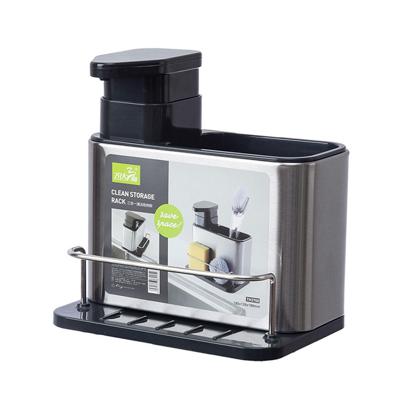 

Stainless Steel Sink Sponge Holder 3 in 1 Soap Dispenser Kitchen Sink Organizer with Drain Holes Sink Soap Pump and Holder срібний