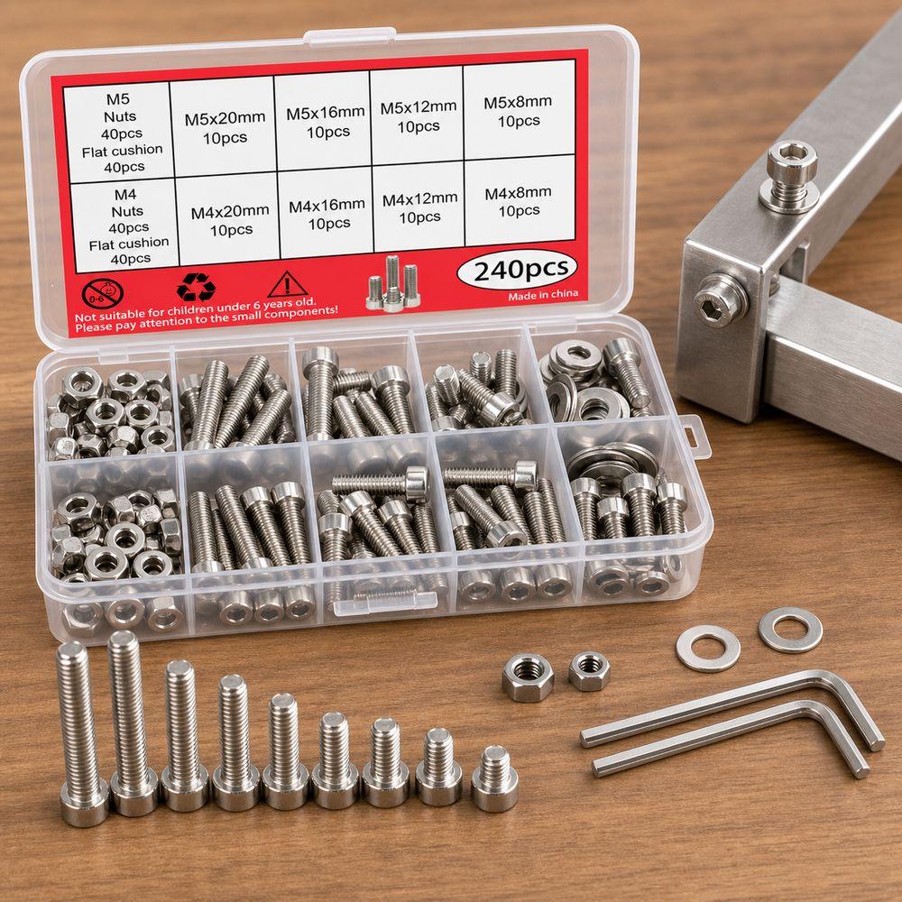 240pcs Stainless Steel Stainless Steel Bolt Set Socket Head Flat Washers Nut And Bolt Set Hex Wrench Included