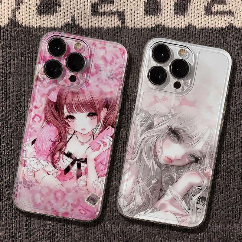 Soft Pink Anime Girl Illustration Phone Case for iPhone 17 16 15 14 13 12 11 16E Series Pro Max Plus Double Layer Protection
