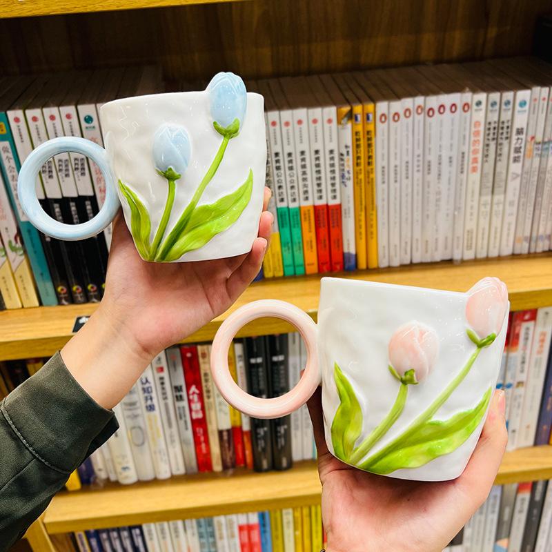 Tulip ceramic mug with lid spoon milk coffee cup girls water cup high value cup office home