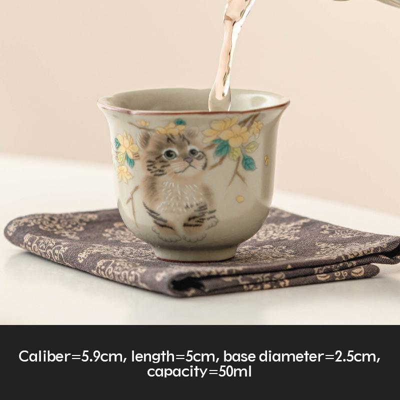 Chinese Tradition Ru Kiln Ceramic Tea Cup Hand-painted Cute Cat Flower Tea Bowl Handmade Teacup Exquisite Household Tea Set Gift