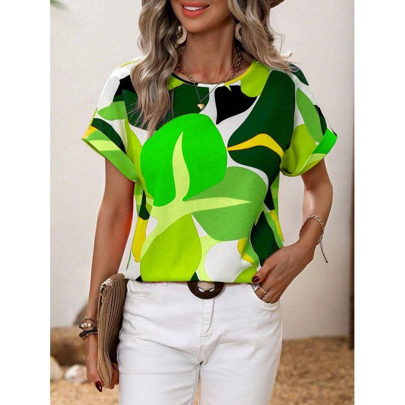 

Модный принт 2025 года, многоцветный топ с U-образным вырезом и короткими рукавами Grass Green M