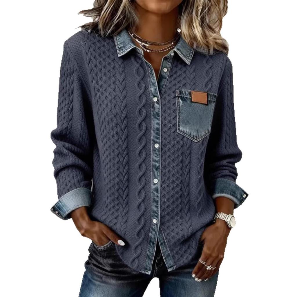 European Style Patchwork Denim Knit Cardigan - Women's Versatile Long Sleeve Shirt for Autumn/Winter 2025