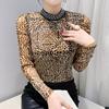 Jaro Podzim Evropské Leopardí Oblečení Tričko Elegantní Ženy Stojáček Lesklé Horké Diamanty Topy Módní Dlouhý Rukáv Slim Síťovaná Trička