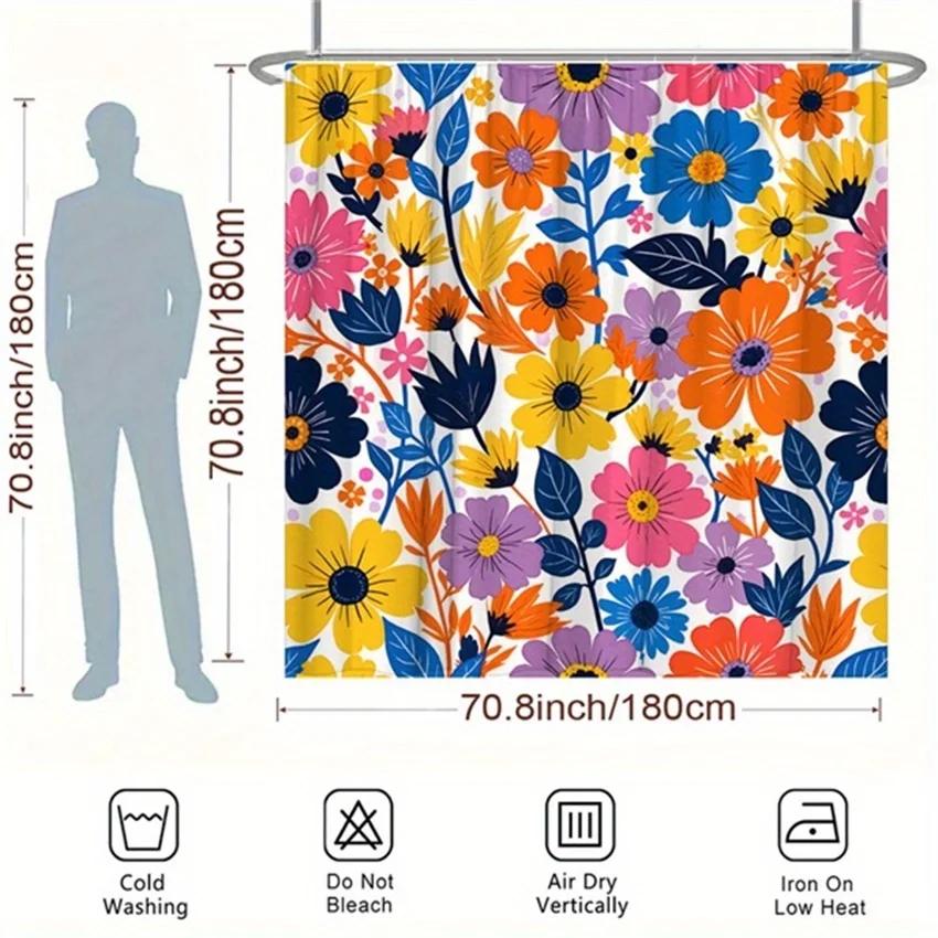 1pc Pop Art Floral Shower Curtain - Vibrant Flowers in Yellow, Orange, Blue, Purple, Pink, Polyester