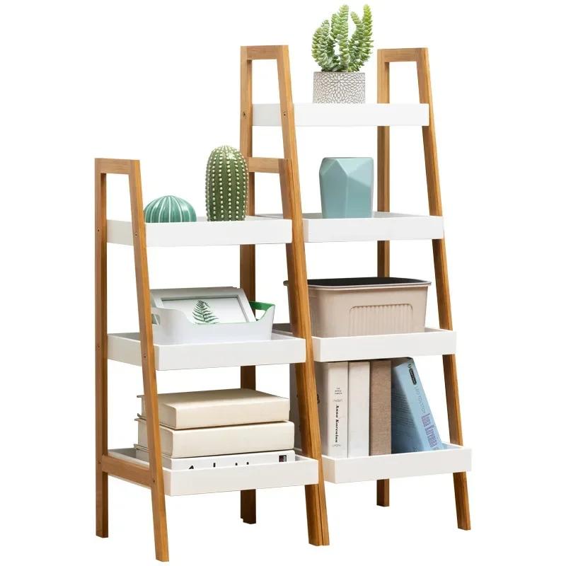 Bathroom Standing Shelf Bathroom Vanity Floor Standing Shelf Storage Bamboo Ladder Bookshelf 4 Tier Shelf Wood Organizer Rack