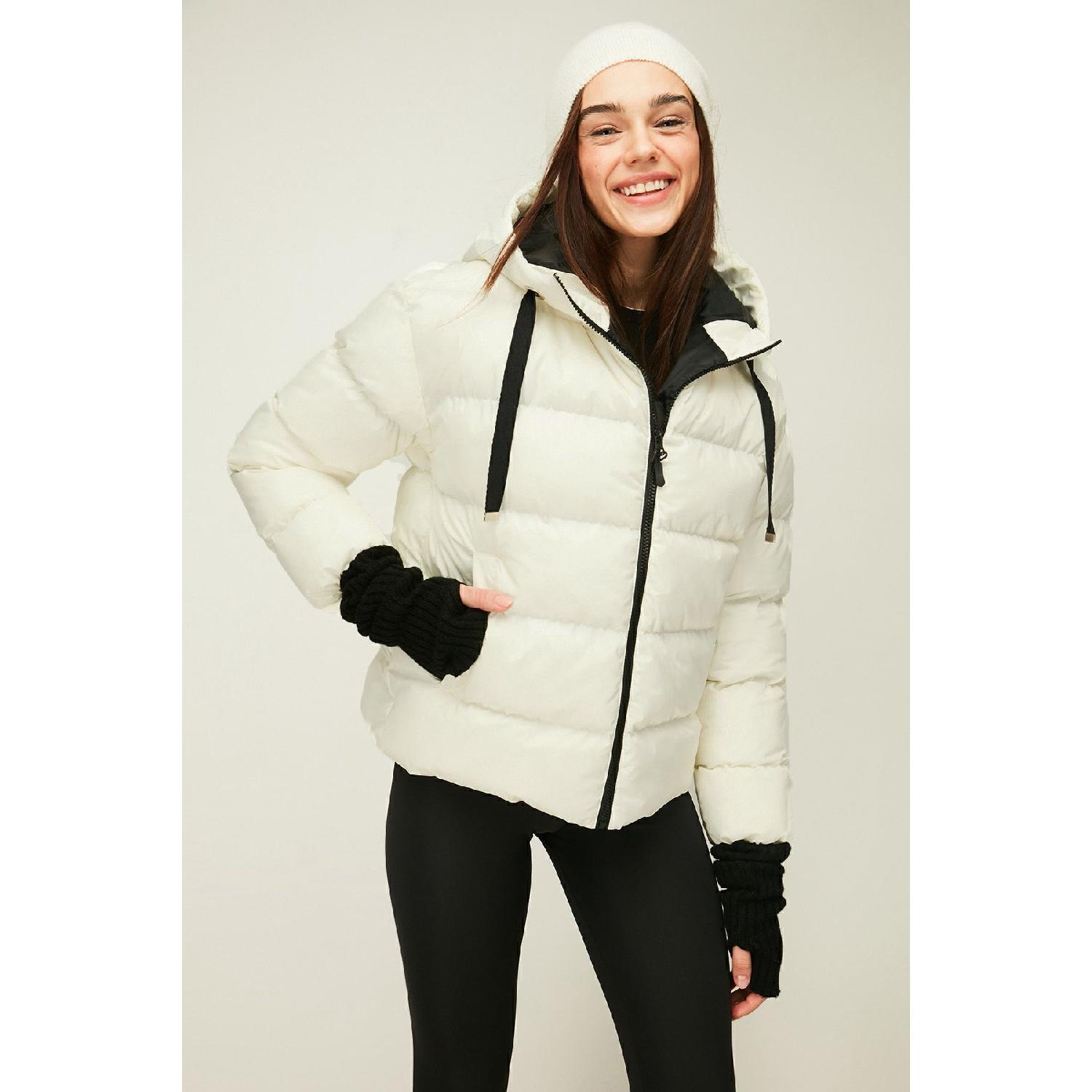 

Women s Beige Hooded Fiber Windproof Puffer Winter Coat XS чёрный