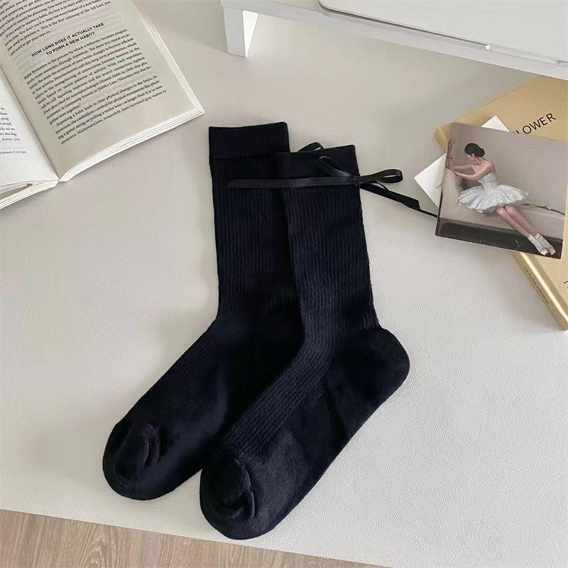 Boneless Heel Bow Solid Color Sweet Mid-calf Socks, Versatile, Pile Socks for Girls