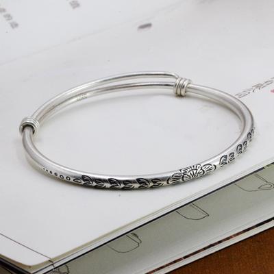 Retro S925 Sterling Silver Thai Handmade Carved Solid Peony Flower Bracelet, Female Original Niche Design Student Bracelet