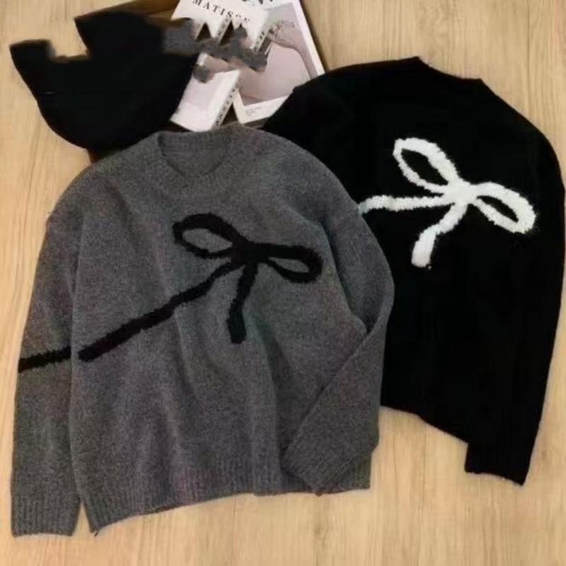 Elegant Korean O-neck Bow Tie Pattern Sweet Pullover Sweater Autumn Women Long Sleeve Casual Knitted Top Loose Fashion Winter Simple Knitwear