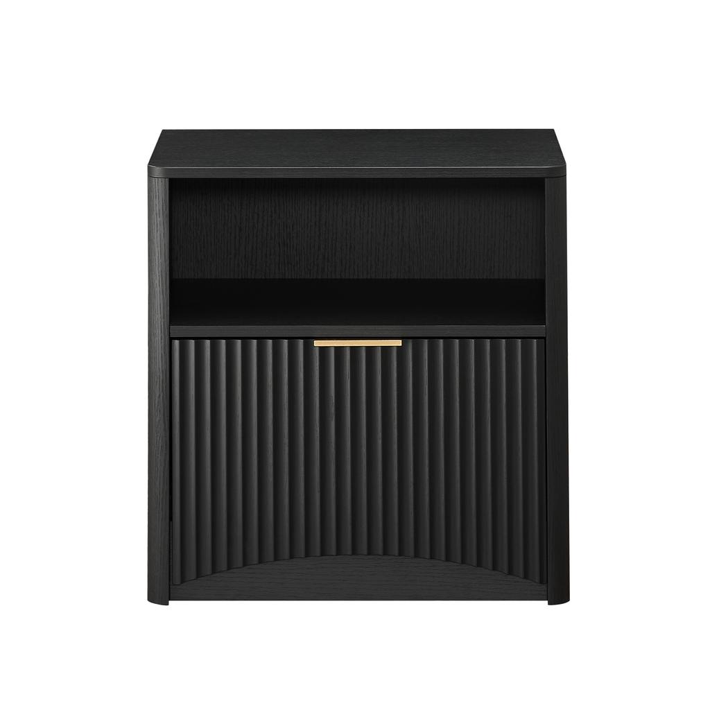 Grooved nightstand with open drawer and gold handles, space-saving, suitable for bedroom and living room, black